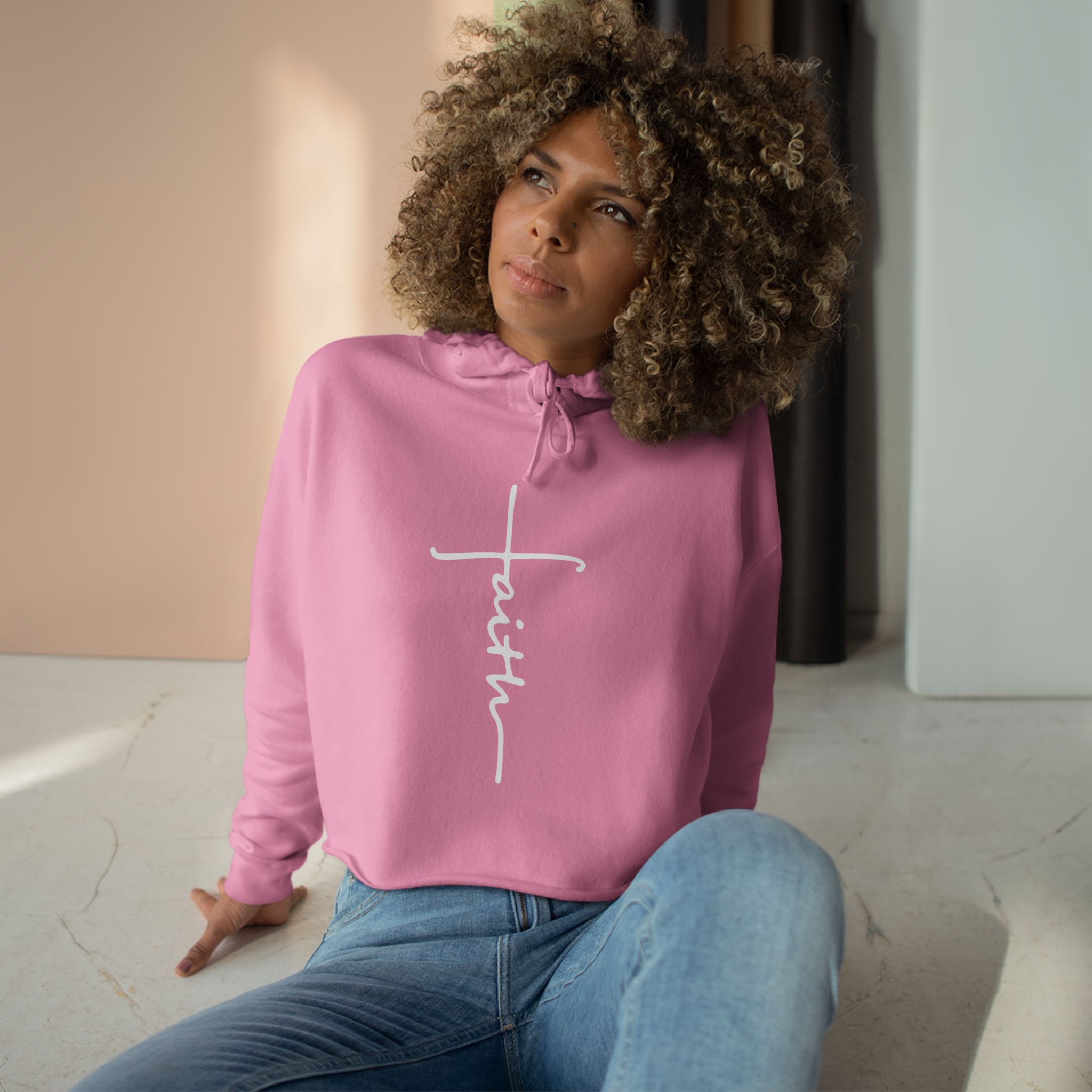 Faith Script Cross Crop Hoodie | Minimal Religious Typography - Image 17