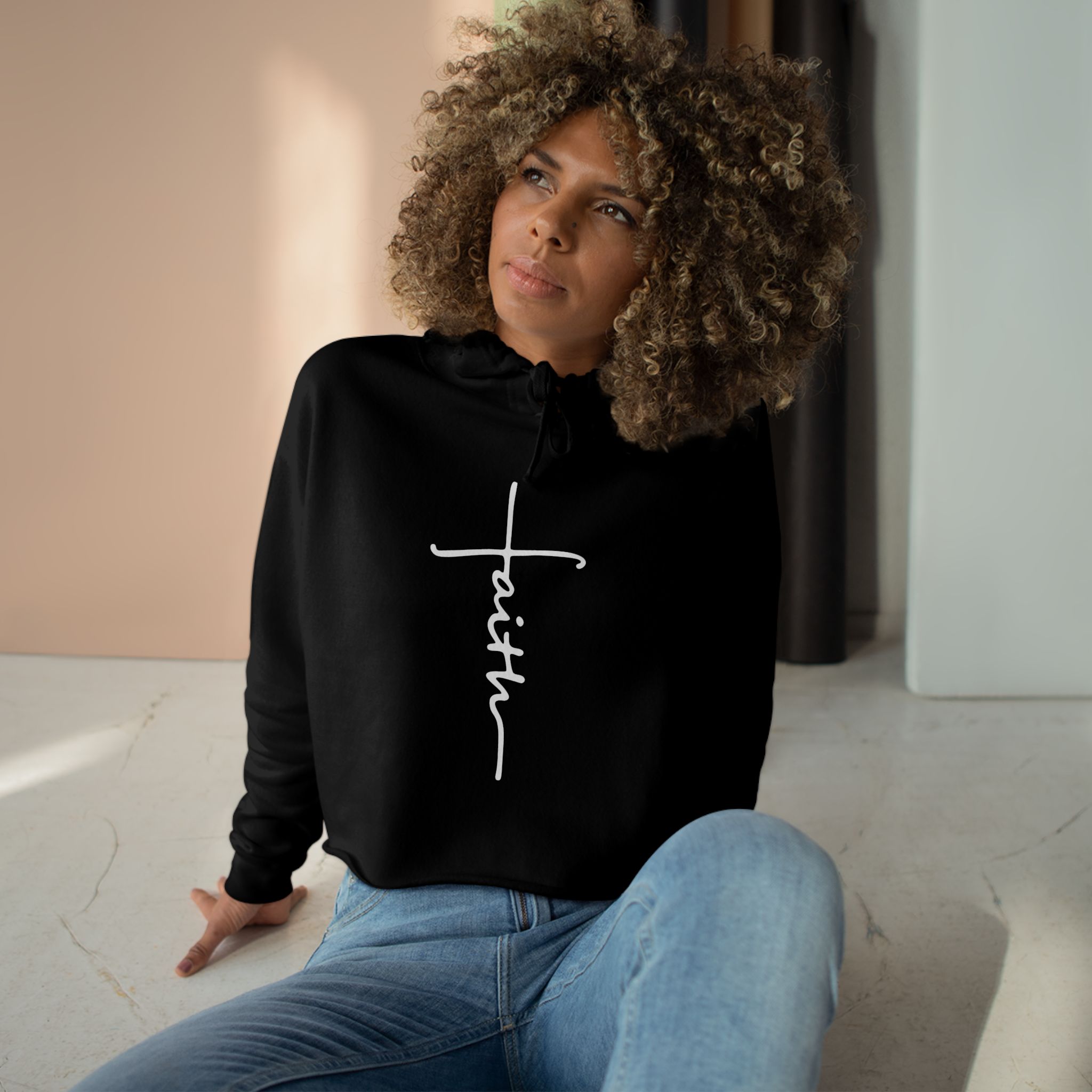 Faith Script Cross Crop Hoodie | Minimal Religious Typography - Image 6