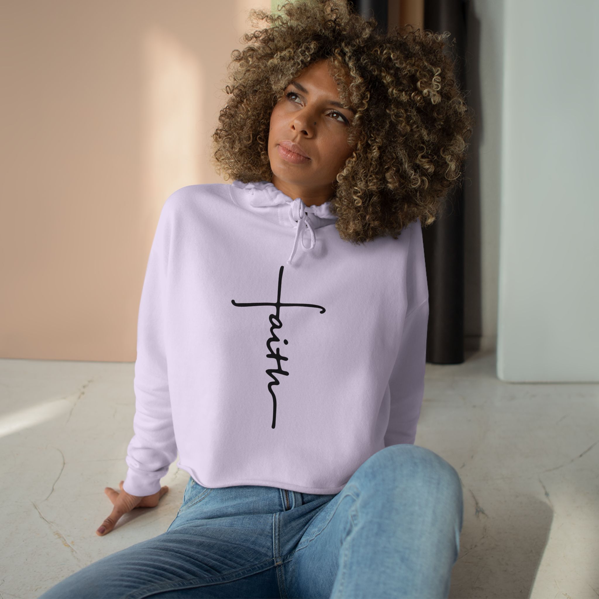 Faith Script Cross Crop Hoodie | Minimal Religious Typography - Image 15