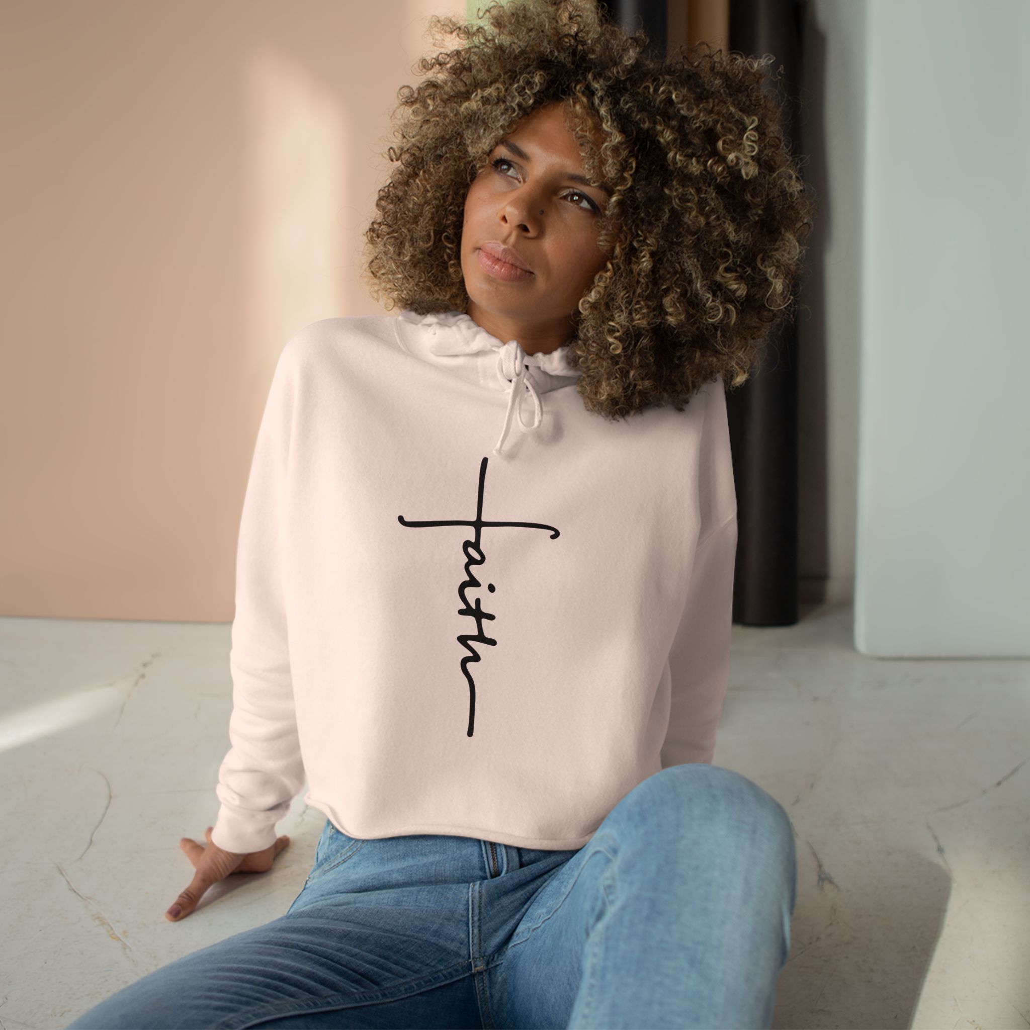 Faith Script Cross Crop Hoodie | Minimal Religious Typography - Image 9