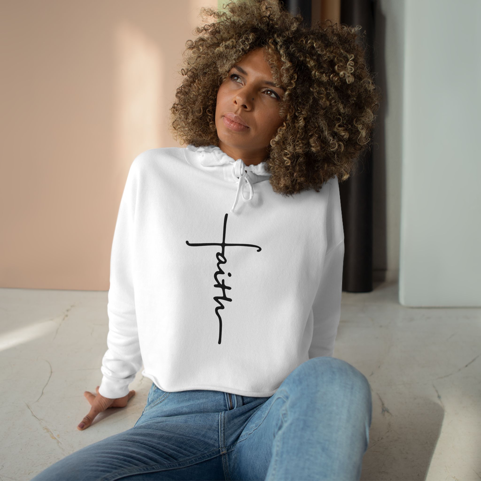 Faith Script Cross Crop Hoodie | Minimal Religious Typography - Image 4