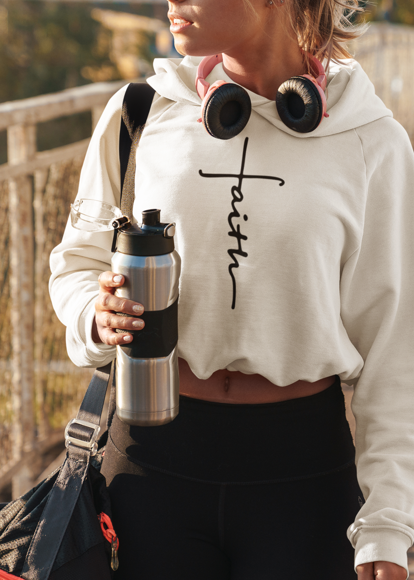 Faith Script Cross Crop Hoodie | Minimal Religious Typography