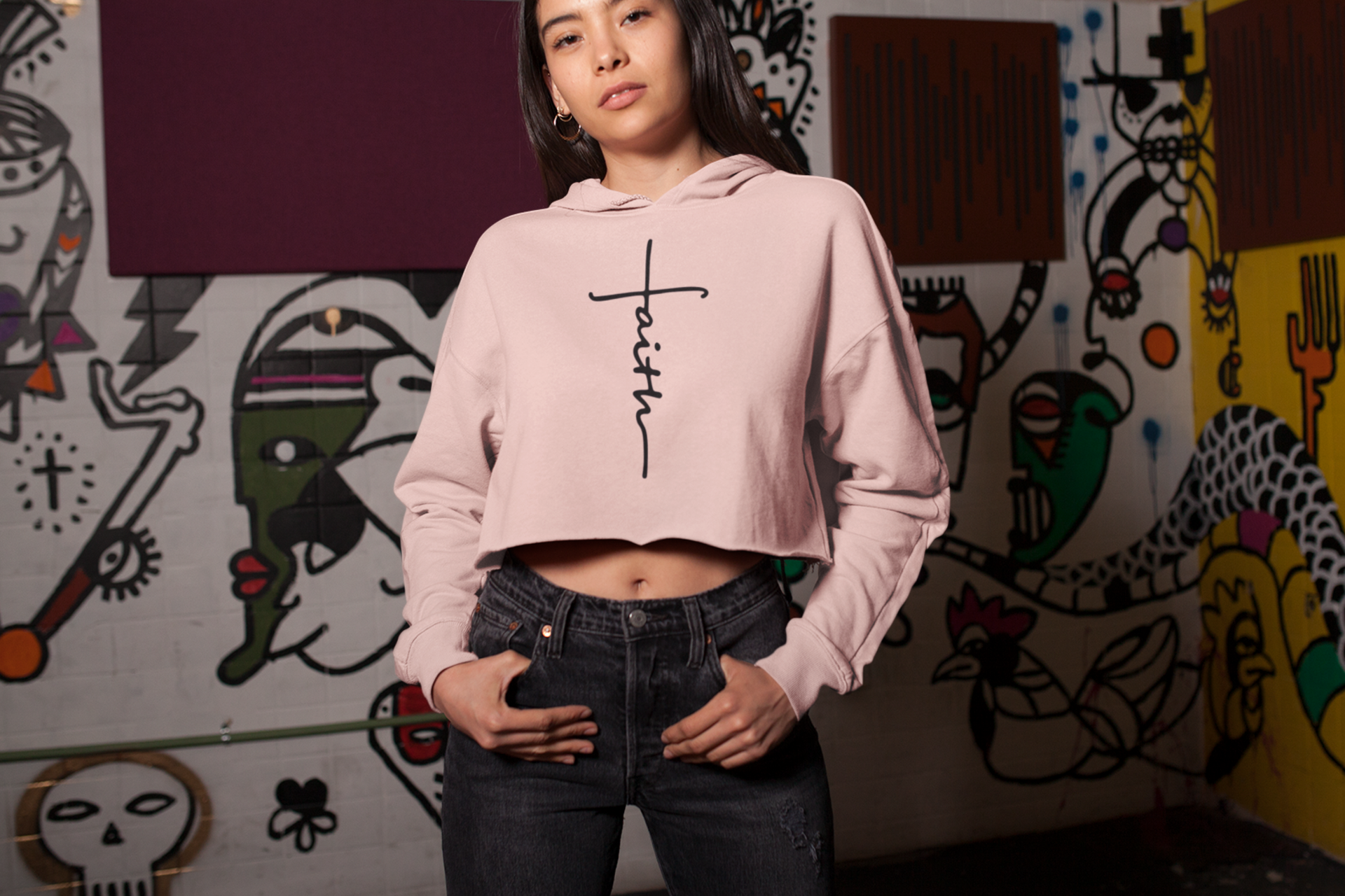 Faith Script Cross Crop Hoodie | Minimal Religious Typography - Image 7