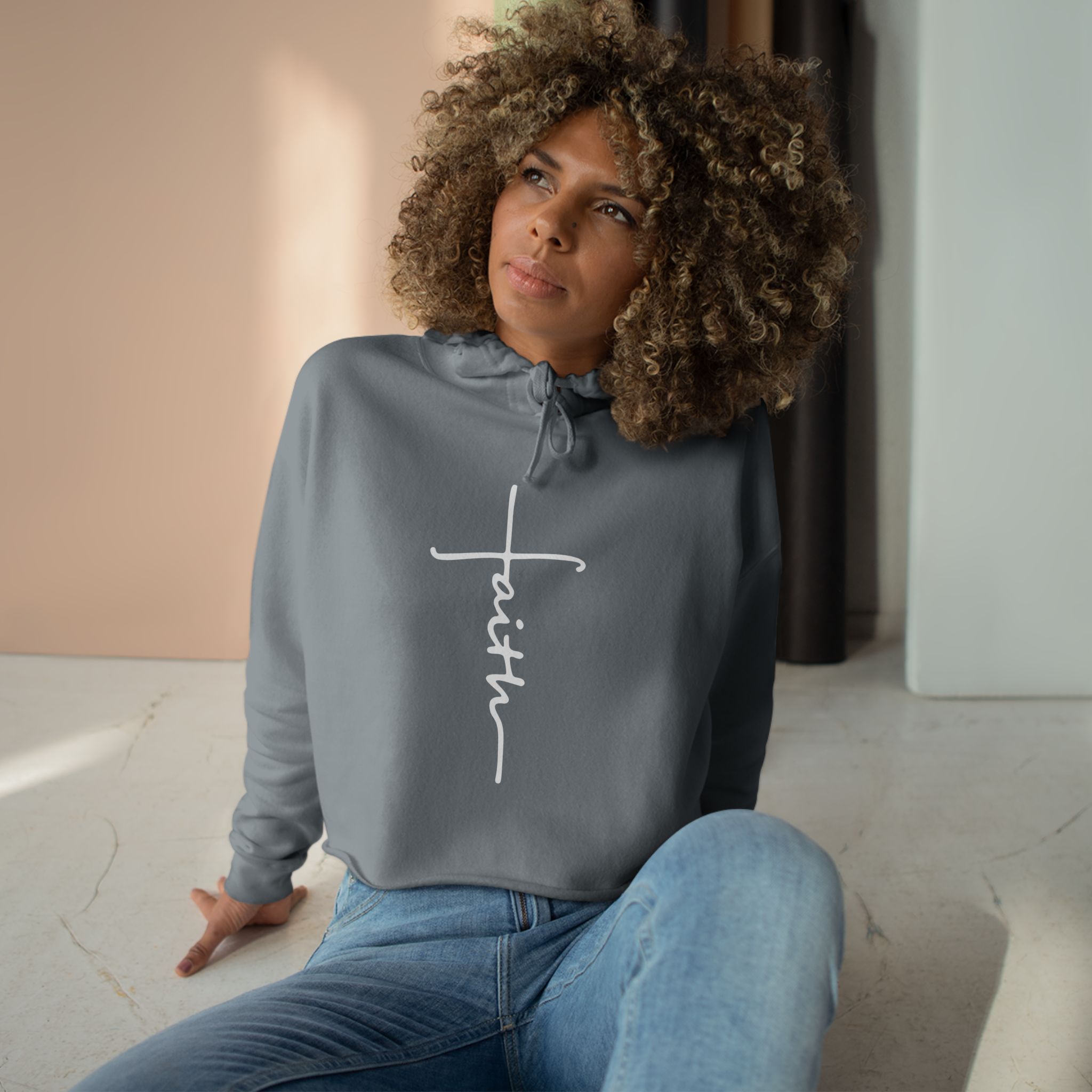 Faith Script Cross Crop Hoodie | Minimal Religious Typography - Image 11
